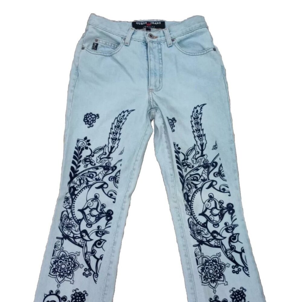 Womens Vintage Guess Jeans Y2K Size 24 Light Wash High Rise Embroidered
